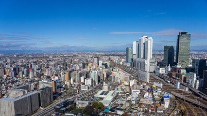 Cityscape of Nagoya station and its central area at daytime.