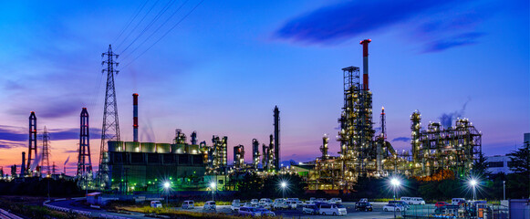 The petrochemical complex at Yokkaichi Port, Yokkaichi city, Mie prefecture, Japan at magic hour.