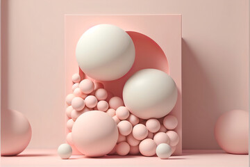 Pastel love pedestal and product podium. Pink stage for Valentine's day presentation, pastel cubes, balls and heart balloons. 3d geometry beautiful Illustration. Generative AI.