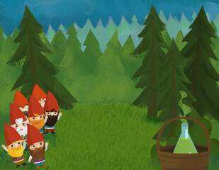 Obraz na płótnie Canvas cartoon scene with dwarfs in the forest illustration