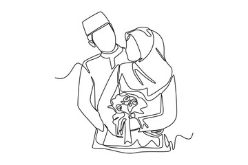 Continuous one line drawing Happy muslim bride and groom in wedding dress. Wedding Concept. Single line draw design vector graphic illustration.