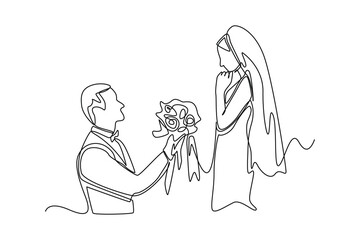 Continuous one line drawing A man standing on knee with flowers makes a proposal to get married to a beautiful woman. Wedding Concept. Single line draw design vector graphic illustration.