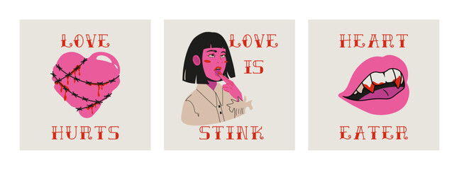 Anti valentines day concept gift card. Anti love mood. Cartoon elements and lettering in trendy tattoo style. Vector illustration.