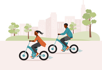 Black Young Man And Woman Riding A Foldable Electric Bicycle On Road At The City. Full Length. Flat Design Style, Character, Cartoon.