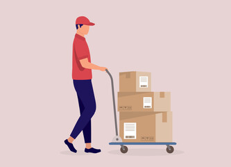 Side View Of A Young Man Pushing Hand Truck Loaded With A Stack Of Delivery Boxes. Full Length. Flat Design Style, Character, Cartoon. 