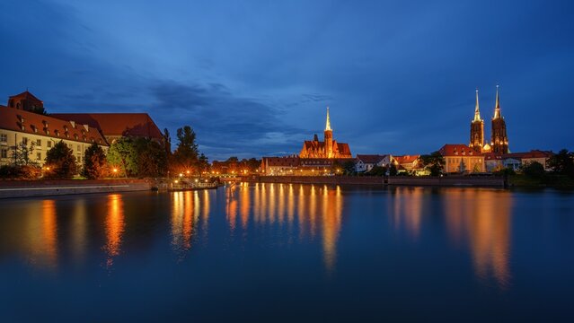 NIght panorama of old town cityscape, Wroclaw, Poland