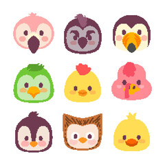 Fototapeta premium Cartoon cute animals for baby card and invitation. Cute Animal Head Vector illustration. Birds, Flamingo, owl, penguin, duck, chicks, turkey,
