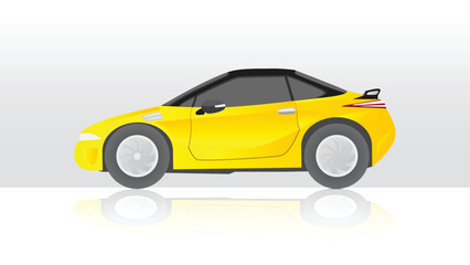 Concept vector illustration of detailed side of a flat electric vehicle car. with shadow of car on reflected from the ground below. And isolated white background.