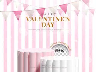 Valentine's day background. pink and white flower shape podium on pink, white background for product display, 3d Realistic vector illustration