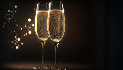 Champagne glasses close up, celebration party, dark background, copy space. AI generative