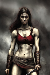 Fototapeta na wymiar Analog Portrait of a female warrior with tonned body and sword, generative ai