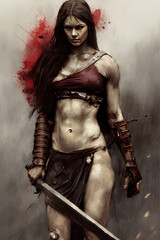 Fototapeta na wymiar Ancient female warrior with a sword, dark and red oil on canvas style generated by AI