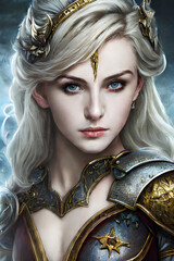 portrait of a beautiful blonde ancient warrior with silver armor, generative ai
