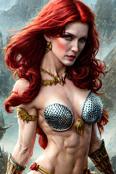 Beautiful painting of a red hair woman with tonned body in bikini armor, generative AI