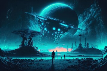 Futuristic night post apocalyptic scenario with abstract alien landscape and moonlight glow in neon blue light. Generative AI