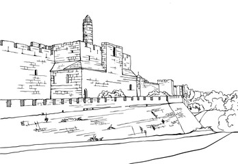 Old walls of Jerusalem, black and white vector illustration in hand drawn style. Ancient walls. Jerusalem, Israel. Urban landscape sketch. Line art. Ink drawing on white.