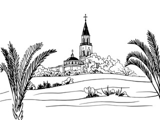 Nice view on old church. Tel Aviv. Israel. Hand drawn line sketch. Urban landscape. Line art. Ink drawing. 