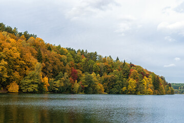 Fototapeta premium Autumn colors Trees and Forest in Lithuania. Green Lakes. Zalieji ezerai. Landscape and Nature. Lake in foreground.