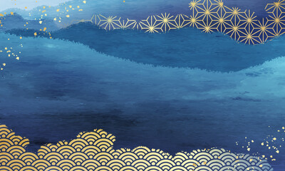 麻の葉と青海波の抽象的な青色のベクターイラスト背景 © Honyojima