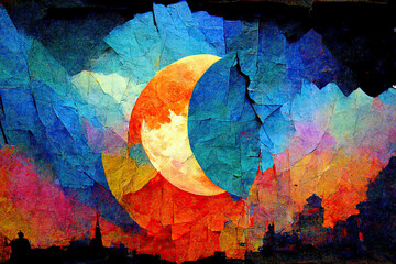 Colorfull watercolor illustration of moon and sun on textured paper