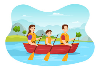 People Enjoying Rowing Illustration with Canoe and Sailing on River or Lake in Active Water Sports Flat Cartoon Hand Drawn Template