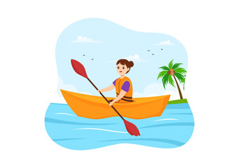 Obraz na płótnie Canvas People Enjoying Rowing Illustration with Canoe and Sailing on River or Lake in Active Water Sports Flat Cartoon Hand Drawn Template