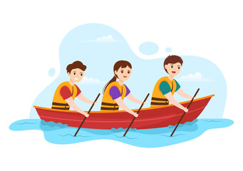 People Enjoying Rowing Illustration with Canoe and Sailing on River or Lake in Active Water Sports Flat Cartoon Hand Drawn Template