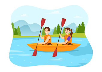 People Enjoying Rowing Illustration with Canoe and Sailing on River or Lake in Active Water Sports Flat Cartoon Hand Drawn Template © denayune