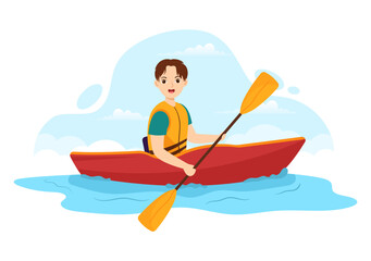 People Enjoying Rowing Illustration with Canoe and Sailing on River or Lake in Active Water Sports Flat Cartoon Hand Drawn Template