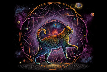 Cosmic cat reigning over the universe, fantasy colorful cat in space, cat thinking about its spirituality, illustration, generated art, digital