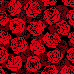 Seamless pattern of red roses blossom on black background
