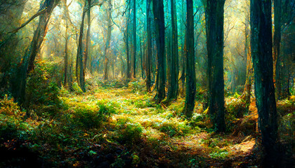 Fototapeta na wymiar Cinematic forest background, Generative AI