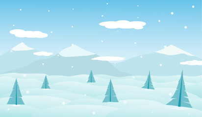 Vector illustration: landscape of winter mountains with pines and hills. Background with falling snow