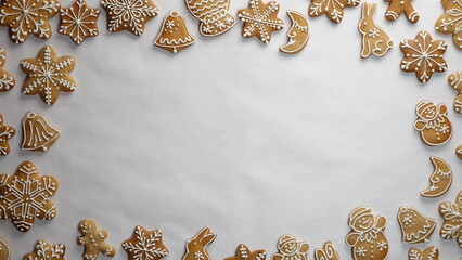 Christmas cookies on a White Paper background. Holiday backdrop. Gingerbread snowflake frame. Top View. Copy space