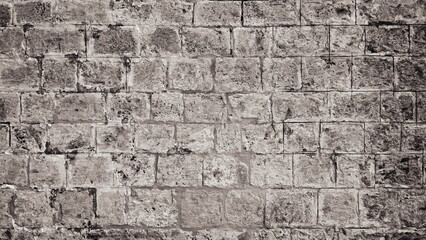 Wide Stone Wall Ceiling Floor Rustic Monotone Texture. Aged Brickwork. Distressed grunge Surface. Background Backdrop  Banner. Black and white