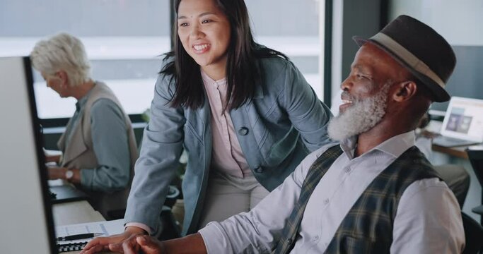 Business, manager training employee and talking for system, schedule and office. Black man, Asian woman and laughing with new trainee, smile and intern for online analysis, or international workplace