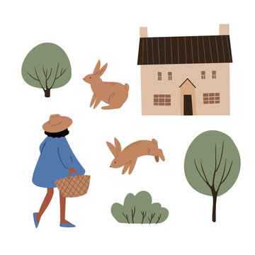 pig, farmhouse illustrations, domestic animals clipart, farm life illustrations, farmer flat vector style
