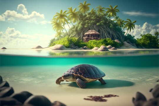 A young turtle walking in the sea beach with island and palm trees.