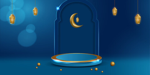 Ramadan kareem banner template with arabian style and lantern. Podium stage islamic background for product promotion