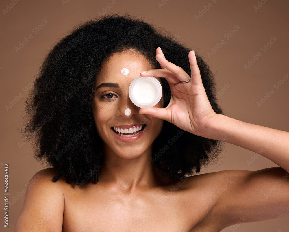 Canvas Prints Portrait, container and beauty with a model black woman in studio on a brown background for skin treatment. Face, product and skincare with an attractive young female posing to promote antiaging care