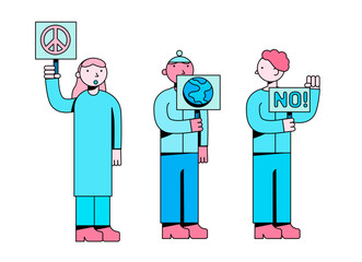 A group of pro-peace protesters in simple flat vector style.