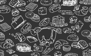 Vector bakery retro seamless pattern. Wallpaper background, Vintage Illustration. Sketch