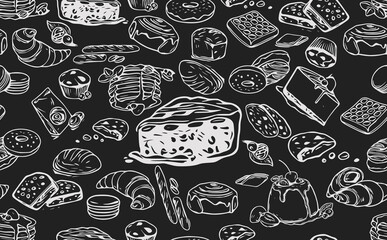 Vector bakery retro seamless pattern. Wallpaper background, Vintage Illustration. Sketch