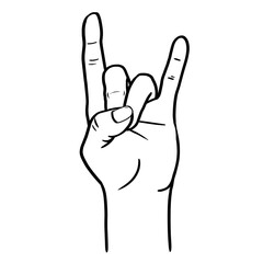Hand gesture, fingers folded in a goat gesture, hand drawn black and white illustration