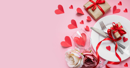 classic festive table setting in valentine's day style with gifts and hearts on a pink background. copy space. top view. 14 february concept - obrazy, fototapety, plakaty
