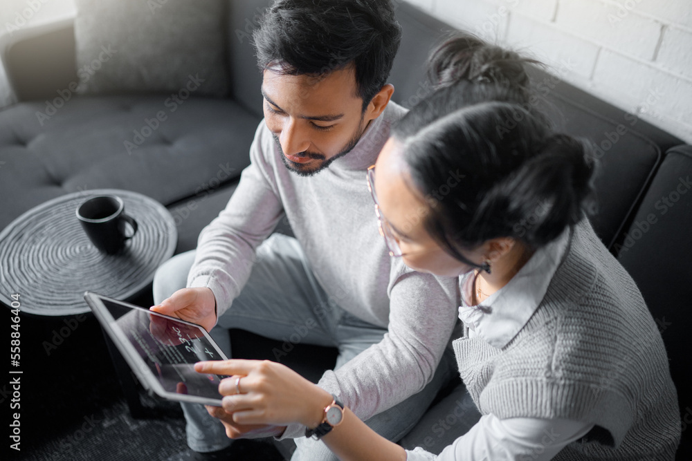 Poster tablet, sofa and couple with smart home technology for thermostat heating, apartment security networ