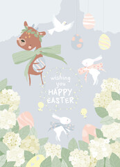 Happy Easter Greeting Card with Cute Deer, White Bunnies and Eggs