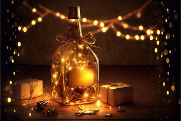 happy new year background new year holidays card with bright lights,gifts and bottle of hampagne. Generative AI