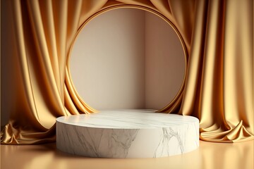circle display with gold curtain background and marble pedestal to showcase product, 3d illustration template