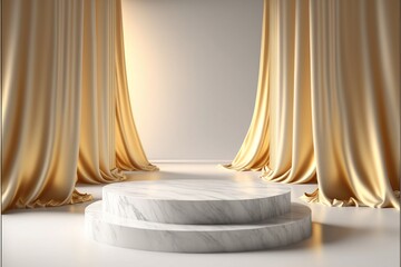 marble pedestal display with gold open curtain background for product showcase, 3d illustration template